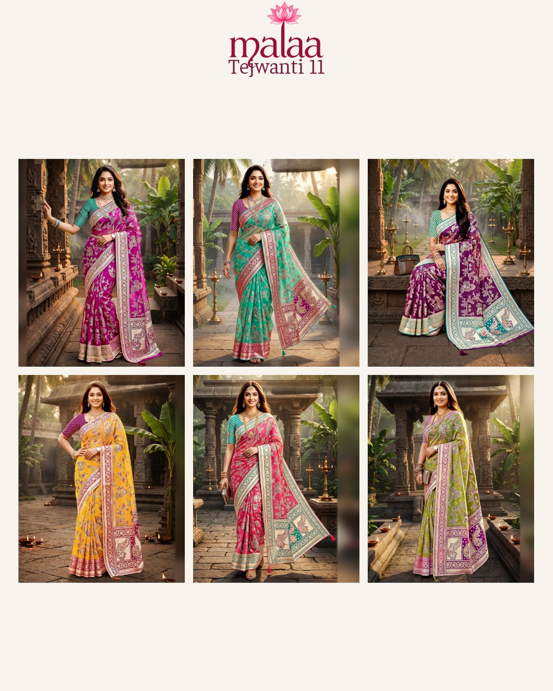 Tejwanti 11 saree D6, Banarasi style weave all over, zari border and pallu, Malaa Sarees Surat