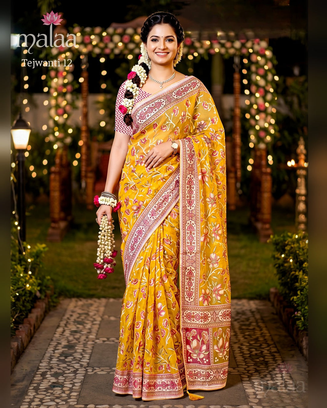 Tejwanti 12 saree D1, Floral jaal weave, zari border, lotus motif pallu, Malaa Sarees Surat