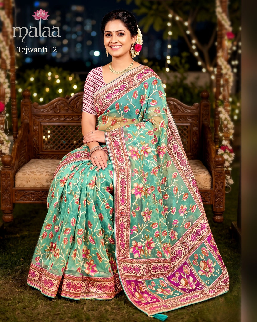 Tejwanti 12 saree D2, Floral jaal weave, zari border, lotus motif pallu, Malaa Sarees Surat