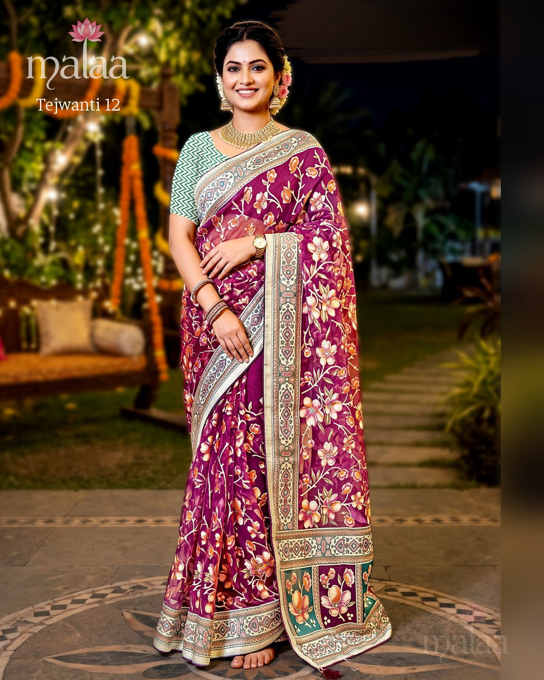 Tejwanti 12 saree D3, Floral jaal weave, zari border, lotus motif pallu, Malaa Sarees Surat