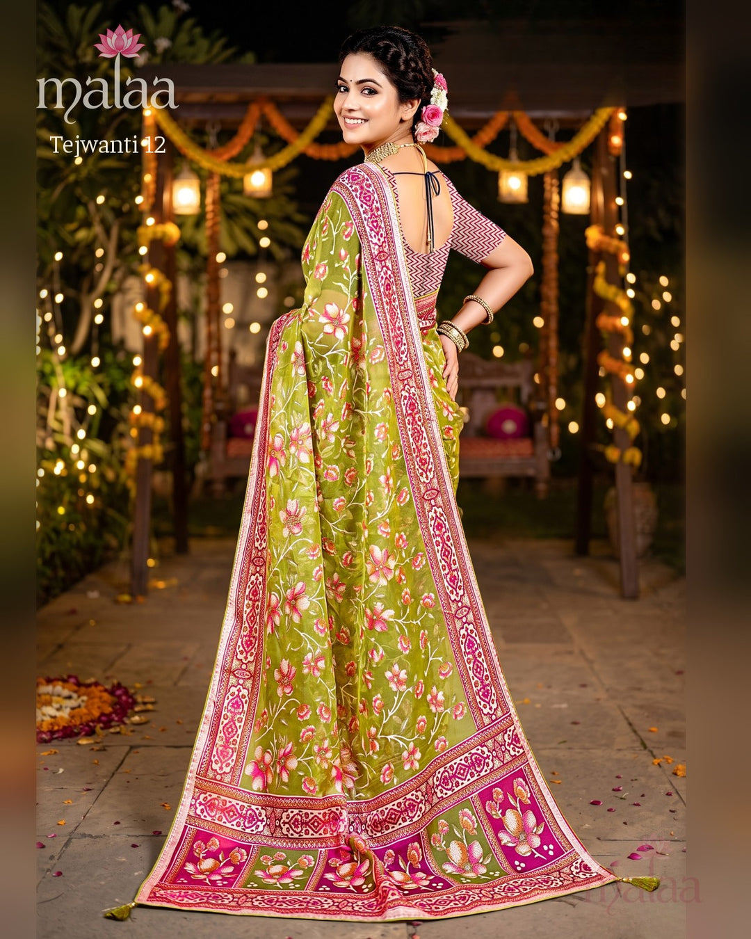 Tejwanti 12 saree D4, Floral jaal weave, zari border, lotus motif pallu, Malaa Sarees Surat