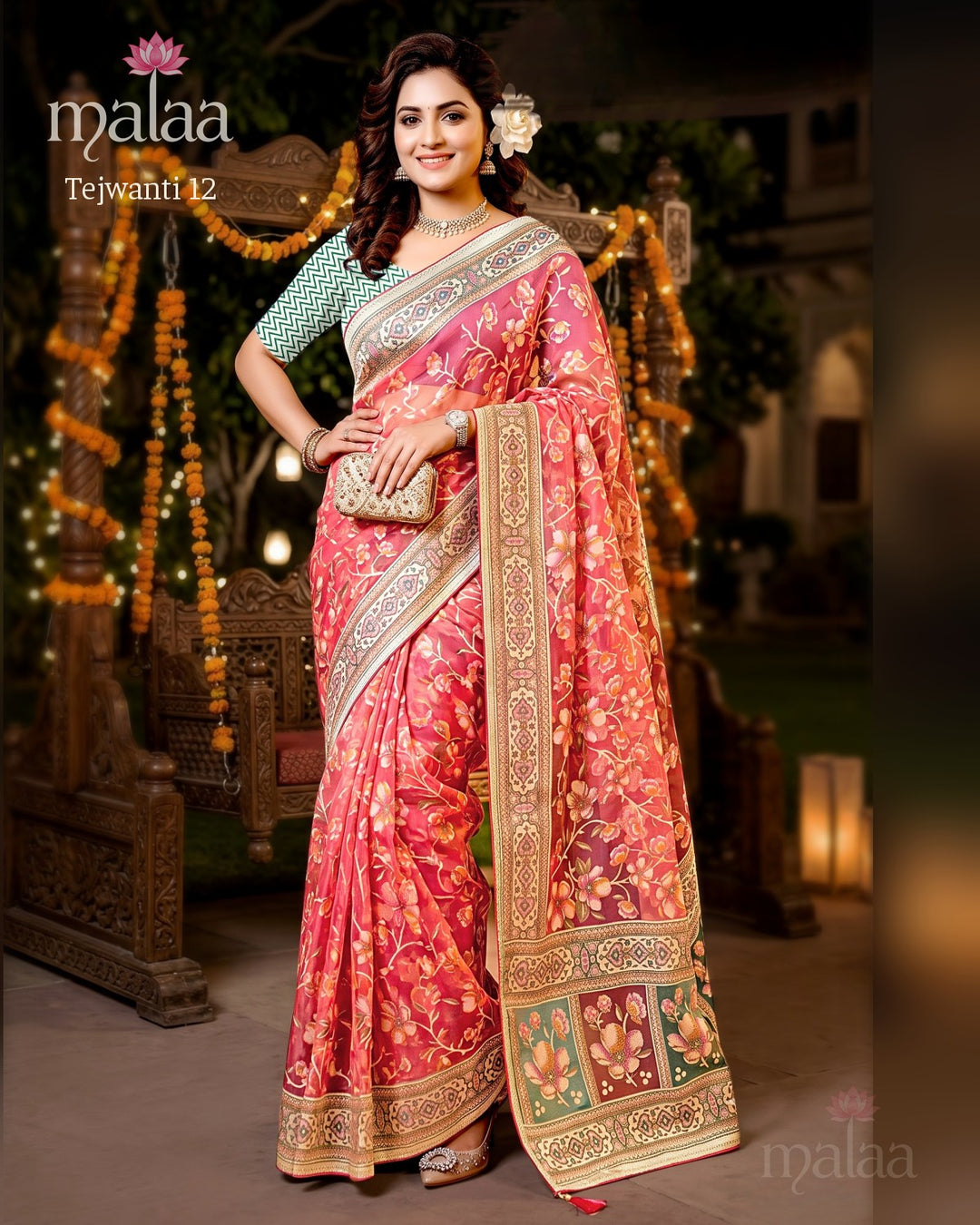 Tejwanti 12 saree D5, Floral jaal weave, zari border, lotus motif pallu, Malaa Sarees Surat