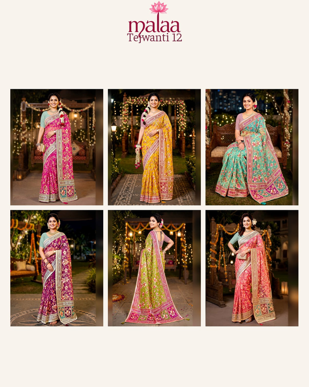 Tejwanti 12 saree D6, Floral jaal weave, zari border, lotus motif pallu, Malaa Sarees Surat