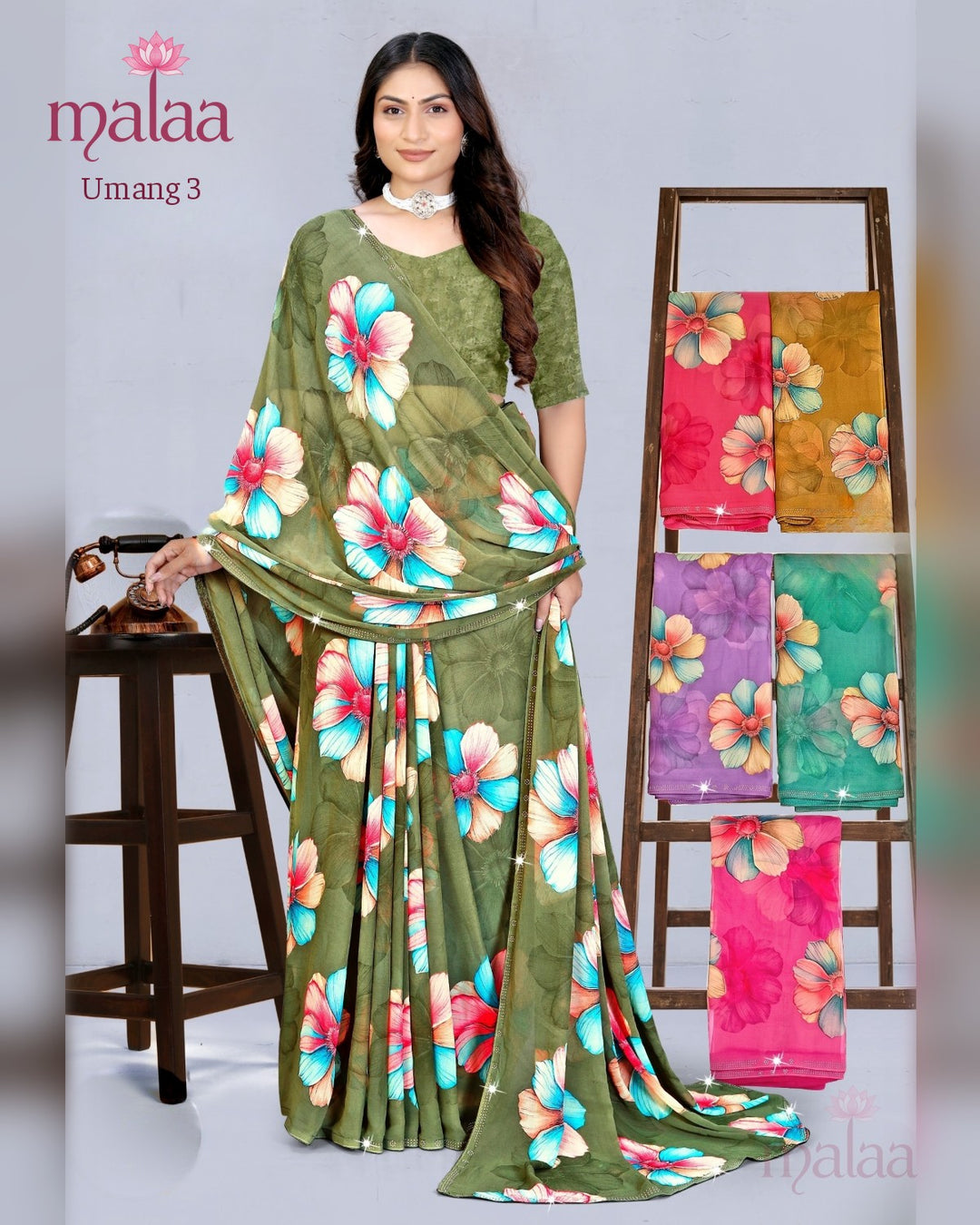 Umang 3 big floral print saree, Malaa Sarees Surat
